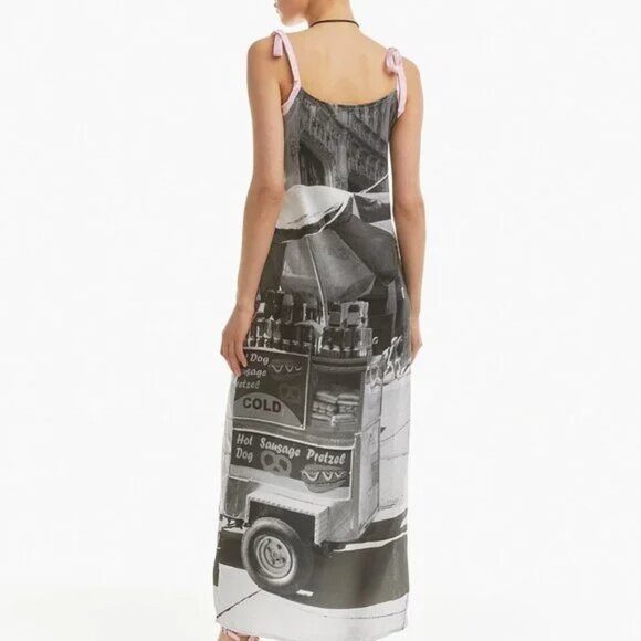 Basic Pleasure Mode Bowtie Detail City Print Satin Dress - Picture 3 of 3